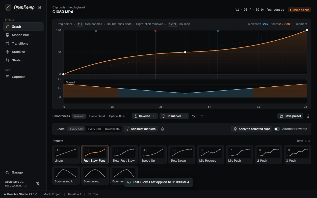 OpenRamp Graph tab: a fast-slow-fast speed curve with its speed lane, beat marker controls and the twelve preset thumbnails.